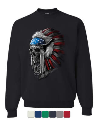 Chief Skull Headress Sweatshirt Native American Stars and Stripes Sweater