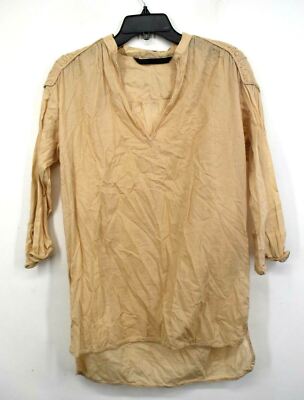 Zara Basic Womens Brown V Neck Long Sleeve Cotton Split Hi-Low Hem Shirt S