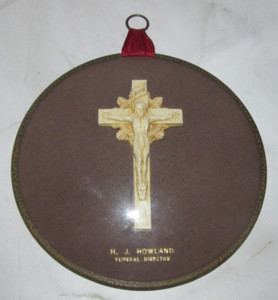 H. J. Howland Funeral Director 1938 Crucifix Alter Wall Badge Terre Haute, IN