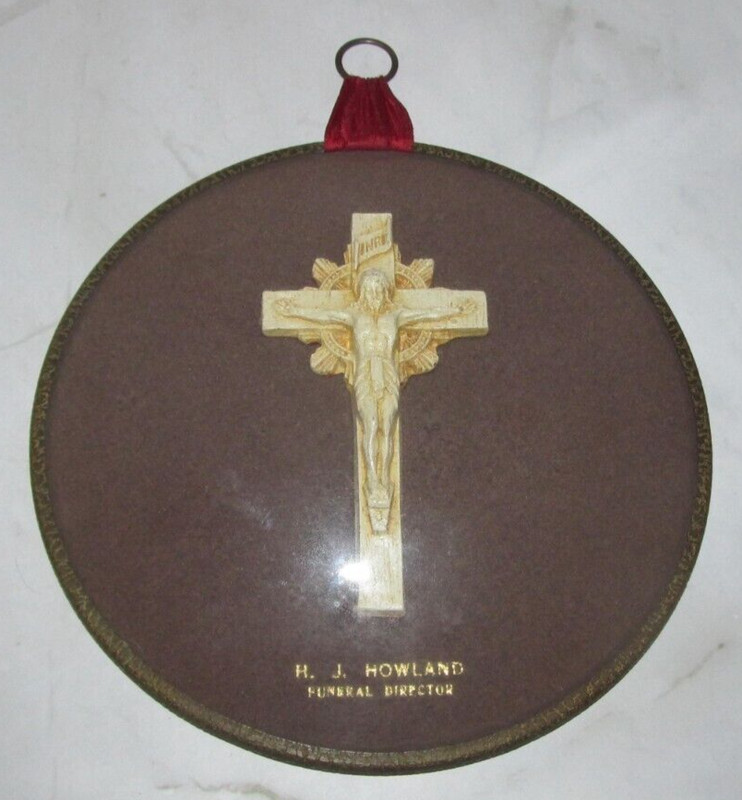 H. J. Howland Funeral Director 1938 Crucifix Alter Wall Badge Terre Haute, IN