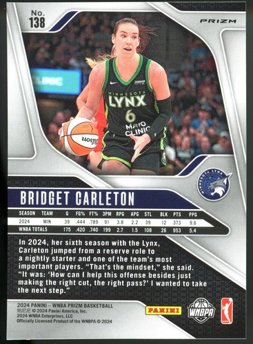 2024 Panini Prizm WNBA Bridget Carleton #138 Orange Ice Prizm Minnesota Lynx - Foto 2 di 2