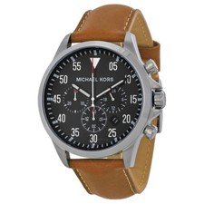 MICHAEL KORS SILVER TONE,BROWN LEATHER BAND,BLACK DIAL,CHRONOGRAPH WATCH-MK8333