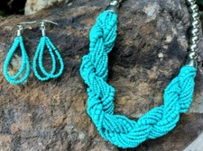 Blue Turquoise Twisted Seed Beads Cluster Layered Braided Necklace Earring Set