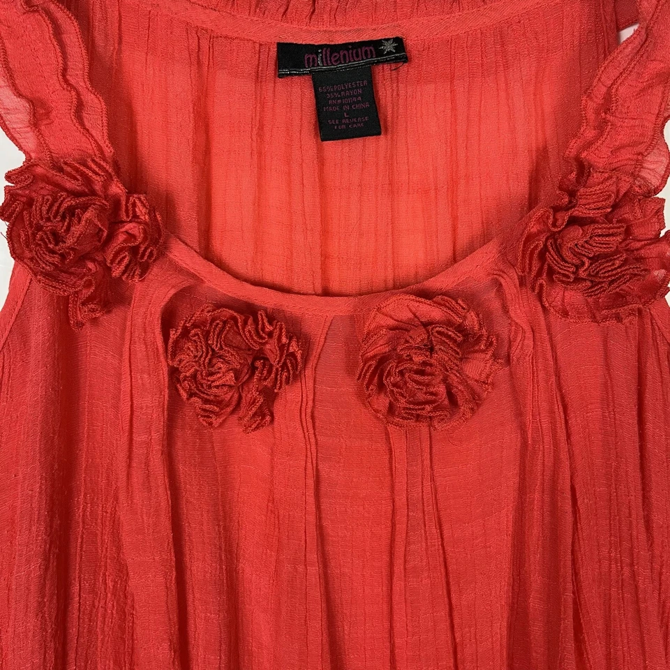 Blusa Millenium (Talla L) Naranja Sin Mangas Sin Mangas Con Detalles Florales Camisa Top Foto 3 de 4