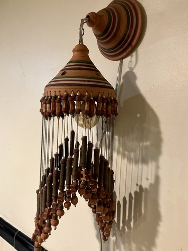 Vintage Terracotta Clay Hand Painted Fringed Clay Hanging Lamp Wall Mounted - Picture 12 of 20
