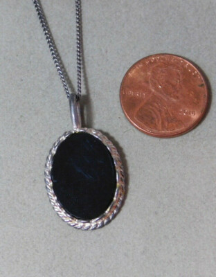  NOS Britisch Vintage Sterlingsilber schwarzer Onyx Anhänger 18'' Kette Halskette 8''h 64