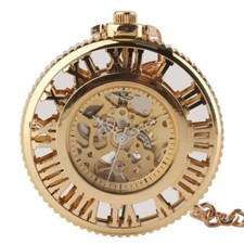 Yellow Gold Men Women Skeleton Automatic Mechanical Pocket Watch Pendant Chain