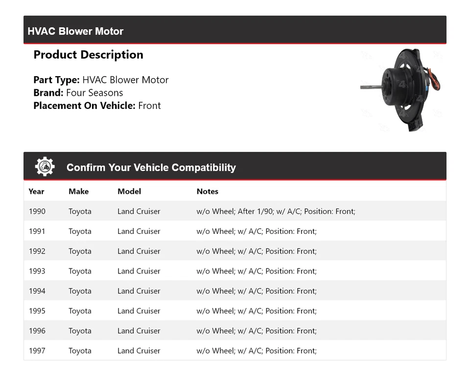 适用于 1990 - 1997 年丰田陆地巡洋舰暖通空调鼓风机电机前四季 1991 年 — 第 2/4 张图片