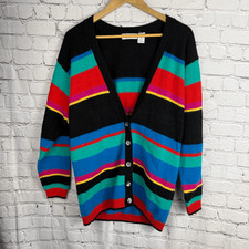 Vintage Liz Claiborne Wool Angora Colorful Striped Cardigan M Oversized K