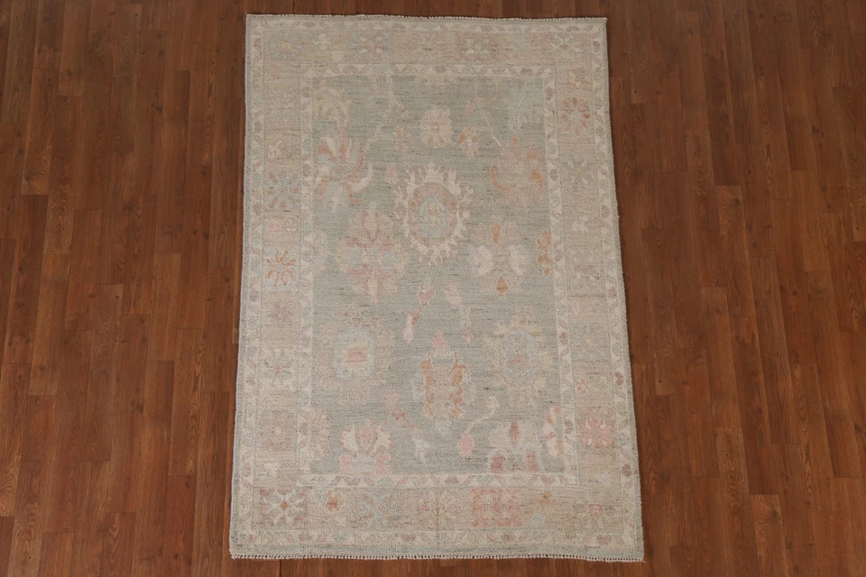 Handmade Muted Green Oushak Turkish Rug 4x6 Ft Transitional Vegetable Dye Rug - Image 3 of 4
