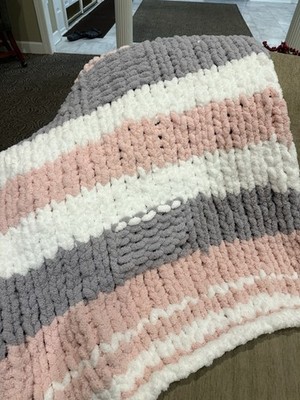 Chunky Knit Blanket Throw 50x60 Handmade Chenille, Pink, White And Grey
