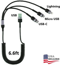 Multi 3 in 1 USB Universal Coiled iPhone Charging Cable for CarPlay 6.6Ft Type C