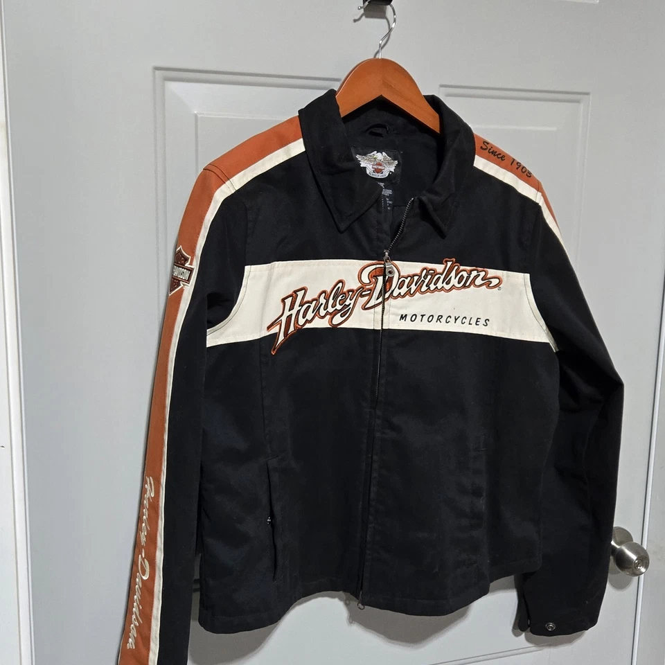 Harley Davidson Black Orange Embroidered Motorcycle Jacket Womens Xlarge - Image 3 of 4