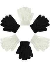 6 Pairs Kids Gloves Full Fingers Knitted Toddler 3 - 7 Years Size Black, White