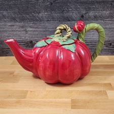 Tomato Teapot Whimsical Floral Fresh Garden Tea Pot Ceramic Blue Sky Goldminc