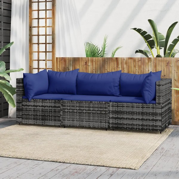 Garten Lounge Set 3-Teilig Polyrattan Grau Mit Kissen Terrasse Balkon-image