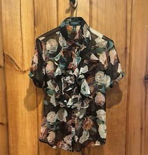 Blusa donna Lauren RL nera trasparente floreale taglia Petite Medium 