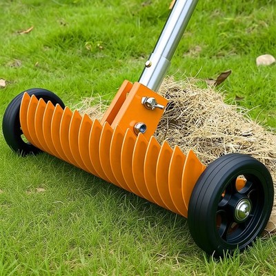 Thatch Rake for Lawn, 15-Inch Dethatcher with Rolls Efficient Coral