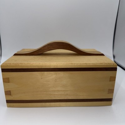 Trinket Wood Box Handcrafted Inlaid Dove Tail Handle Lid Quality Workmanship
