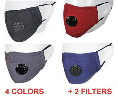 Reusable Washable Cotton Cloth Face Mask with Valve / Pocket + 2 PM2.5 Filters 