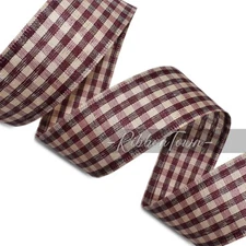 Burgundy Beige Gingham Check Farmhouse Plaid Wired Ribbon  1.5" Wide X 10 Yards