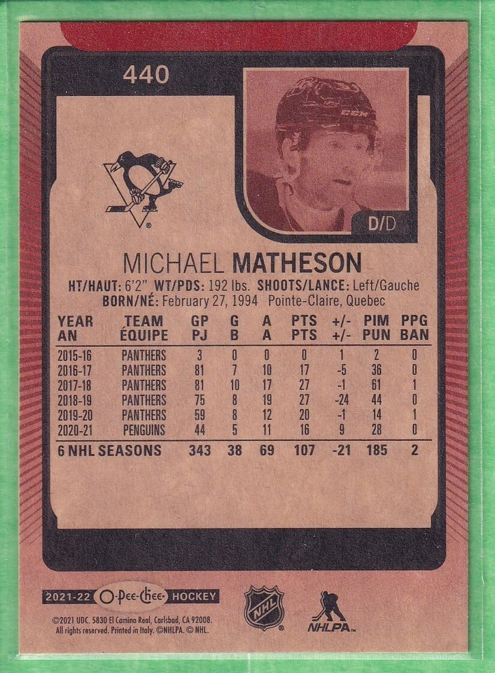 2021-22 O-Pee-Chee Red Border #440 Michael Matheson Pittsburgh Penguins - Image 2 of 2
