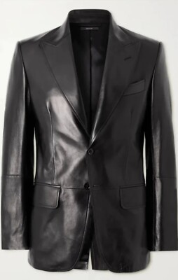 Men's Luxury Black Leather Classic Business Formal Style Blazer Polished Finish