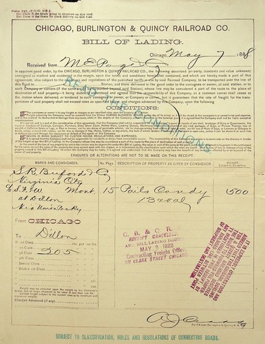 1888 CHICAGO BURLINGTON QUINCY RAILROAD BILL OF LADING CHICAGO IL - E16-A