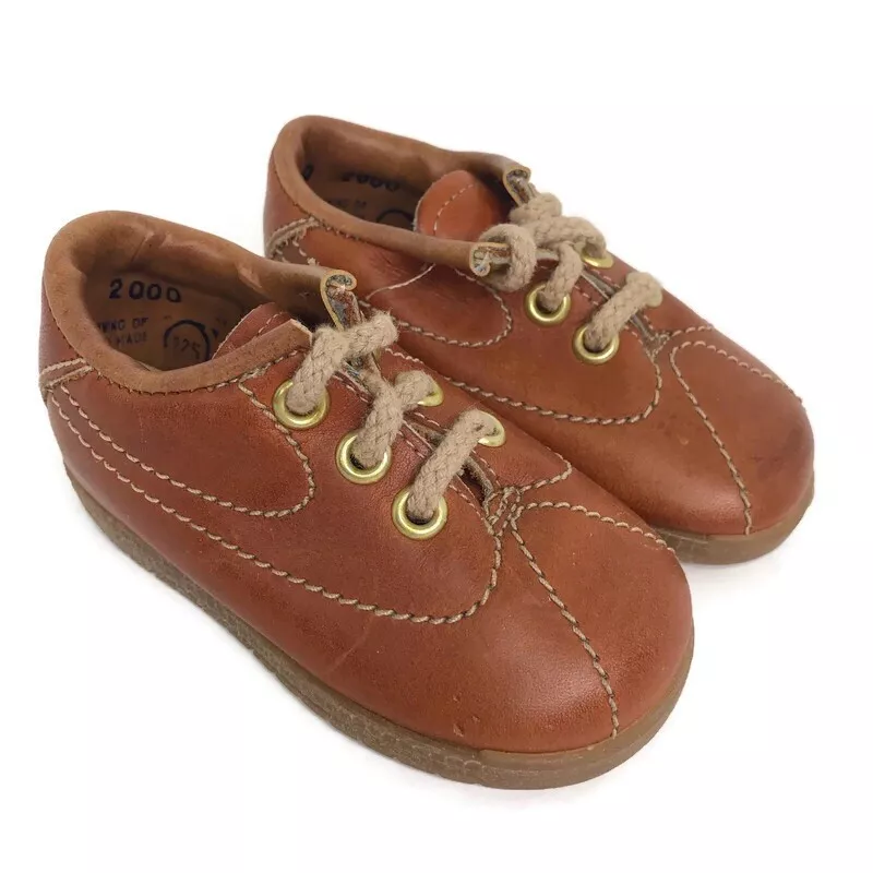 Vintage Kinney Kids Brown Leather Baby Shoes Lace Up Made in USA