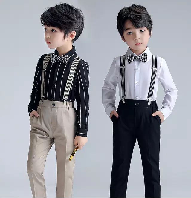 Kids Boys Gentleman Formal Outfits Shirt Suspender Bow Tie Pants Clothes Set