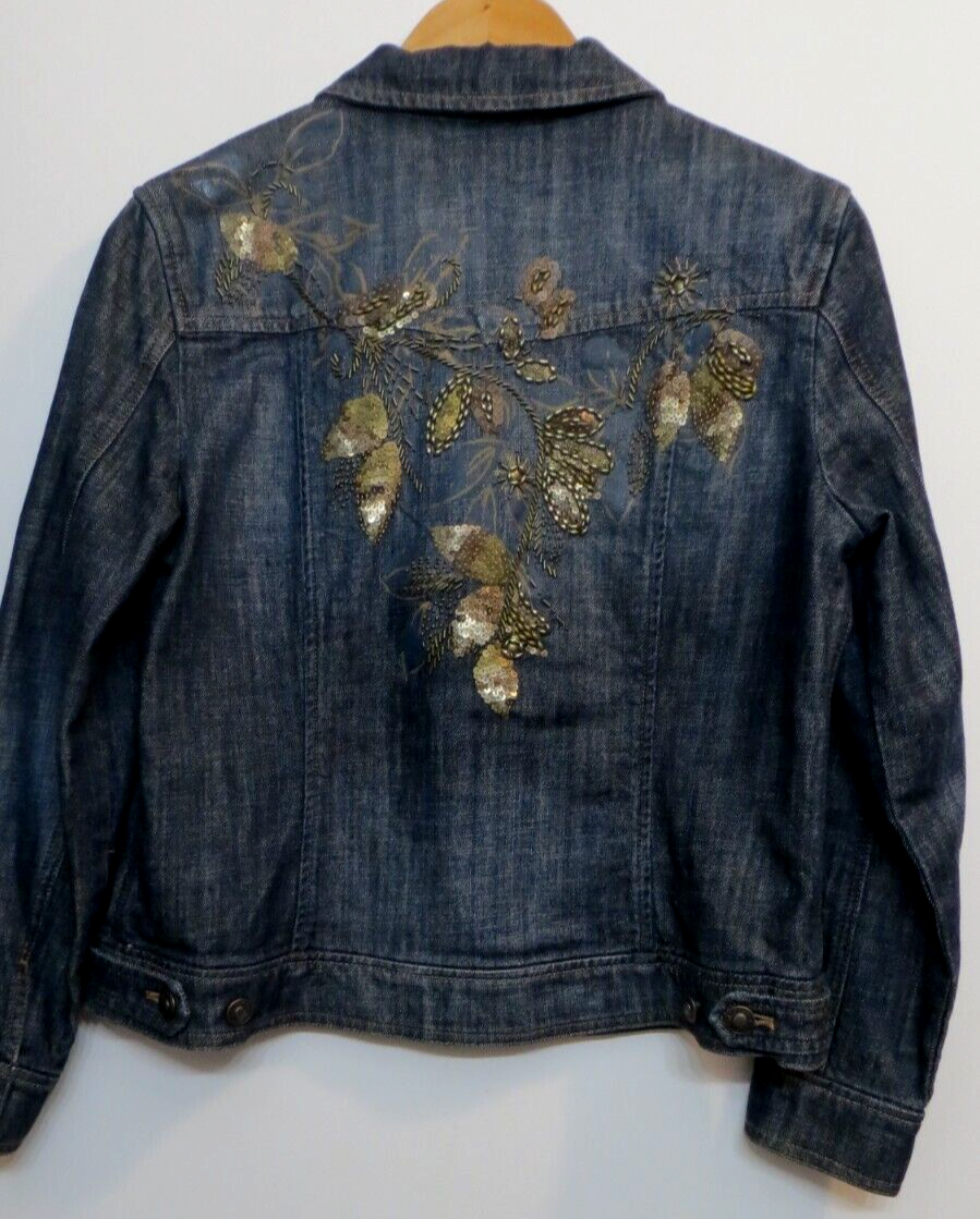 Veste En Jean Femme Coldwater Creek - Brodée Fleurs Et Sequins Taille L - Occasion Très Bon état