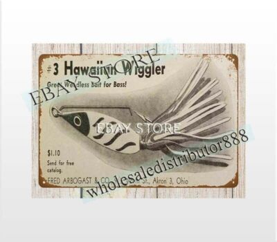 1947 Hawaiian Wiggler Fishing Lures fisherman baits Akron,Ohio tin sign 