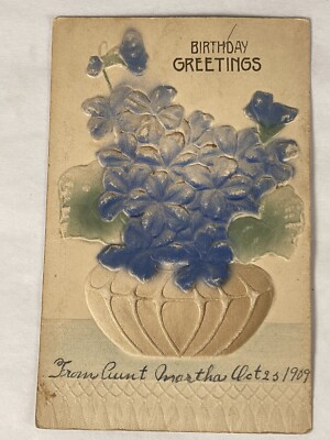 1909 Birthday Greetings Embossed Blue Flowers Vase Germany 69