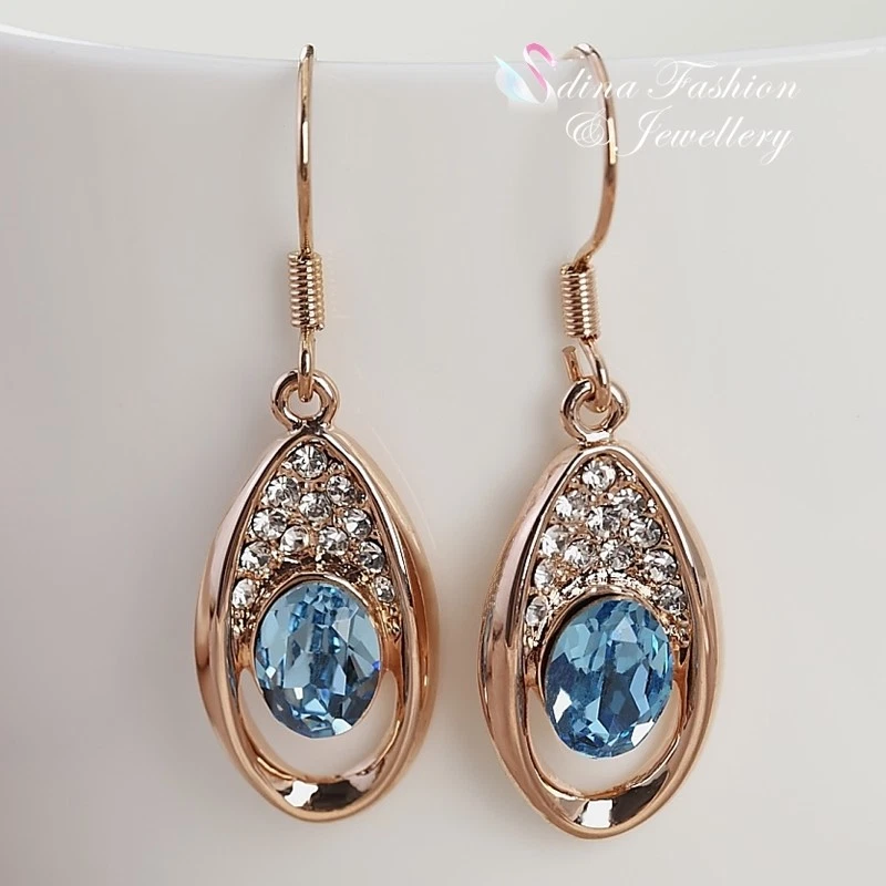 18K Rose Gold Filled Made With Swarovski Element Oval Aquamarine Teardrop Set - Image 4 of 4