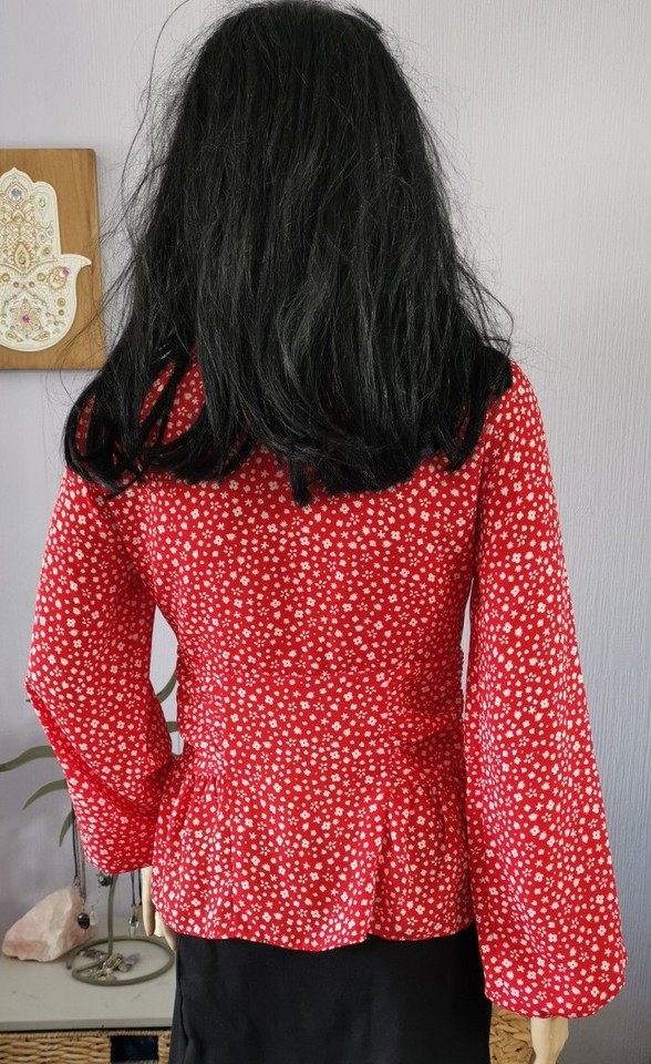 Top Shop Red Floral Print Fitted Ruched Blouse Top Shirt Size 8🌹 VGC