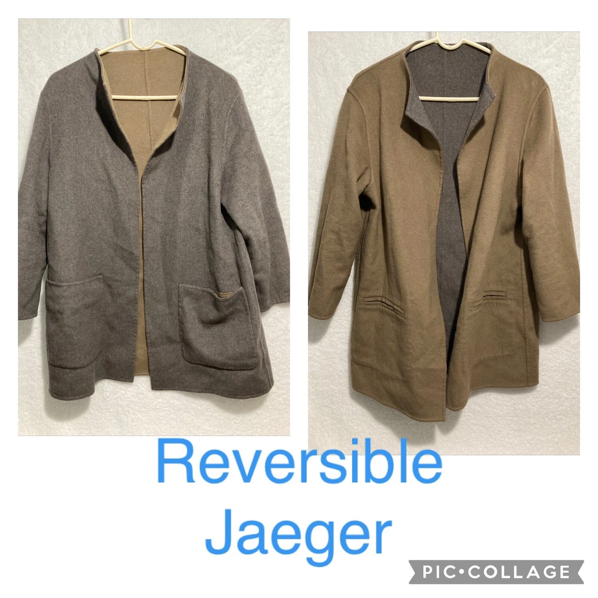 Jaeger Pure Wool Reversible Coat Jacket Coatigan Camel Grey Small | eBay