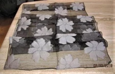 Oblong scarf; sheer; black, large lilght gray embroidered flowers; 72x24; NWT