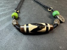 Tibetan Dzi Agate Pendant Necklace | Black & White Wave Pattern Bead | Adjustab