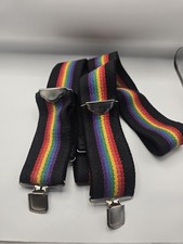 Vintage elastic black w/ rainbow suspenders with silver tone clips 1970s
