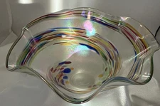 Glass Eye Studio Confetti Rainbow Swirl Candy Dish Hand Blown Art Glass 6" USA