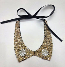 Sequin Beaded Detachable Collar w/ Black Ribbon Tie, Gold White Floral Accents