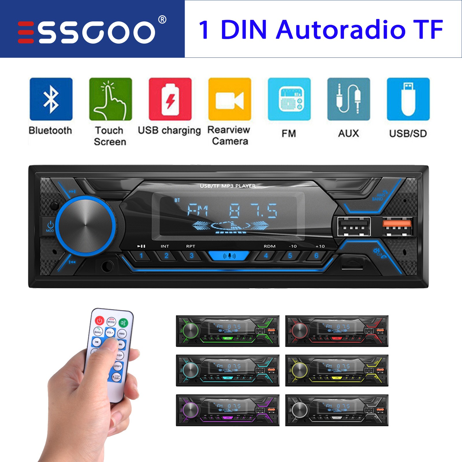 1 DIN MP3 con FM USB Bluetooth vivavoce telecomando AUX 7 colori autoradio