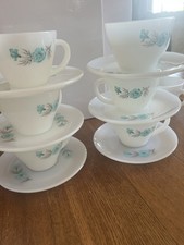 Fire King Bonnie Blue Carnation Flower Vintage Coffee Tea Cup Saucer Set of 6