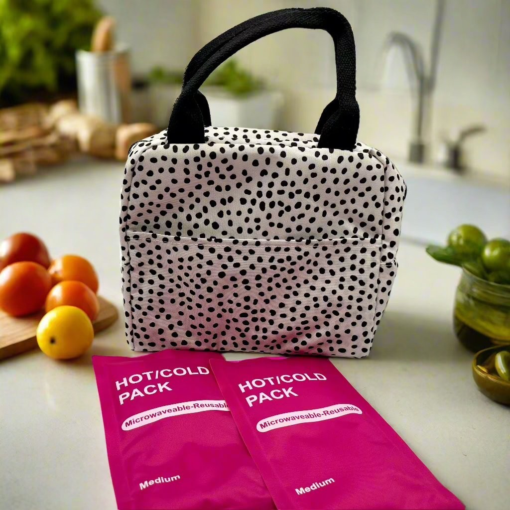 Insulated Lunch Tote Bag Black Dot w/ Reusable Hot Cold Pack