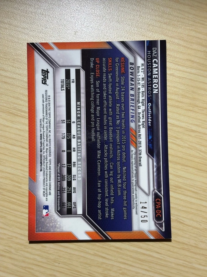 2016 Bowman Chrome DAZ CAMERON Gold Refractor Auto #14/50 ASTROS TIGERS 1st RC - Image 2 of 2