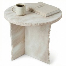40cm White Round Stone Style Side Table Modern Coffee End Lamp Living Room Stand