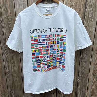 Vintage Citizen Of The World Flags Graphic Tee Shirt White 90s 2000s Mens XL