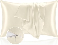 Satin Pillowcase with Zipper 2 Pack, Beige Pillow Cases Standard Size, Super Sof