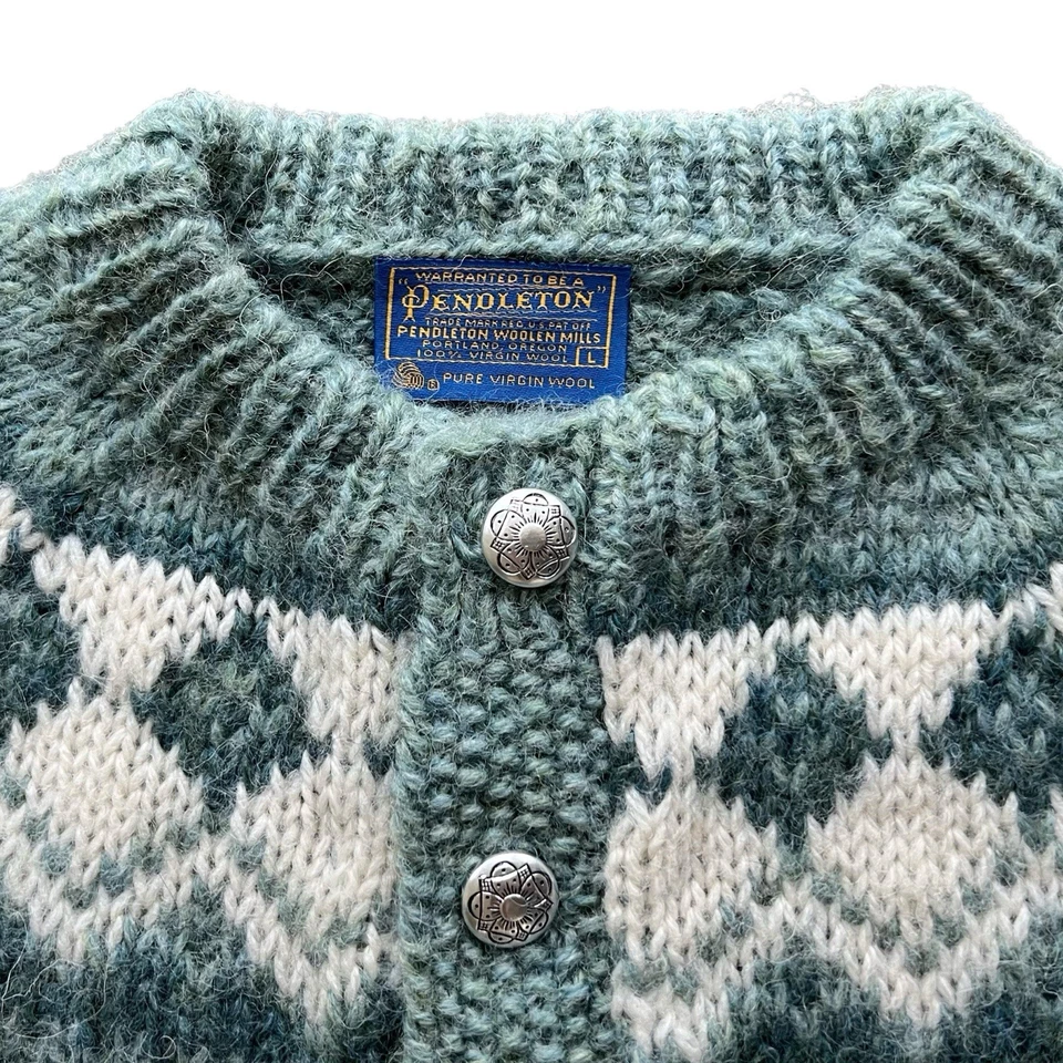 Vintage Pendleton Nordic Cardigan 70s Wool Fair Isle Grunge Sweater - Mens Large - Image 3 of 4