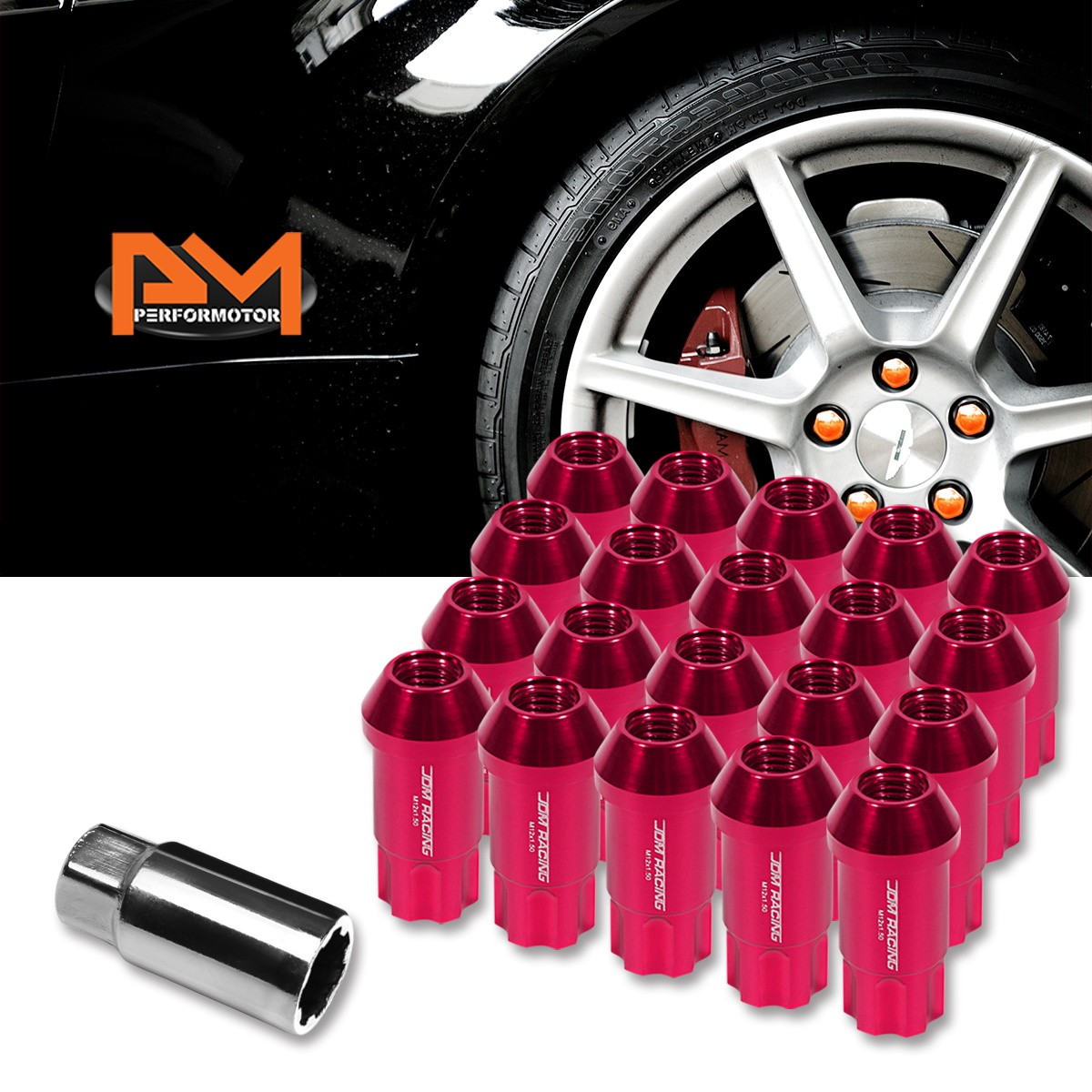 20-Piece Red JDM Aluminum Spline Lug Nuts M12x1.5 - Open End 25mmx50mm With Lock Key
